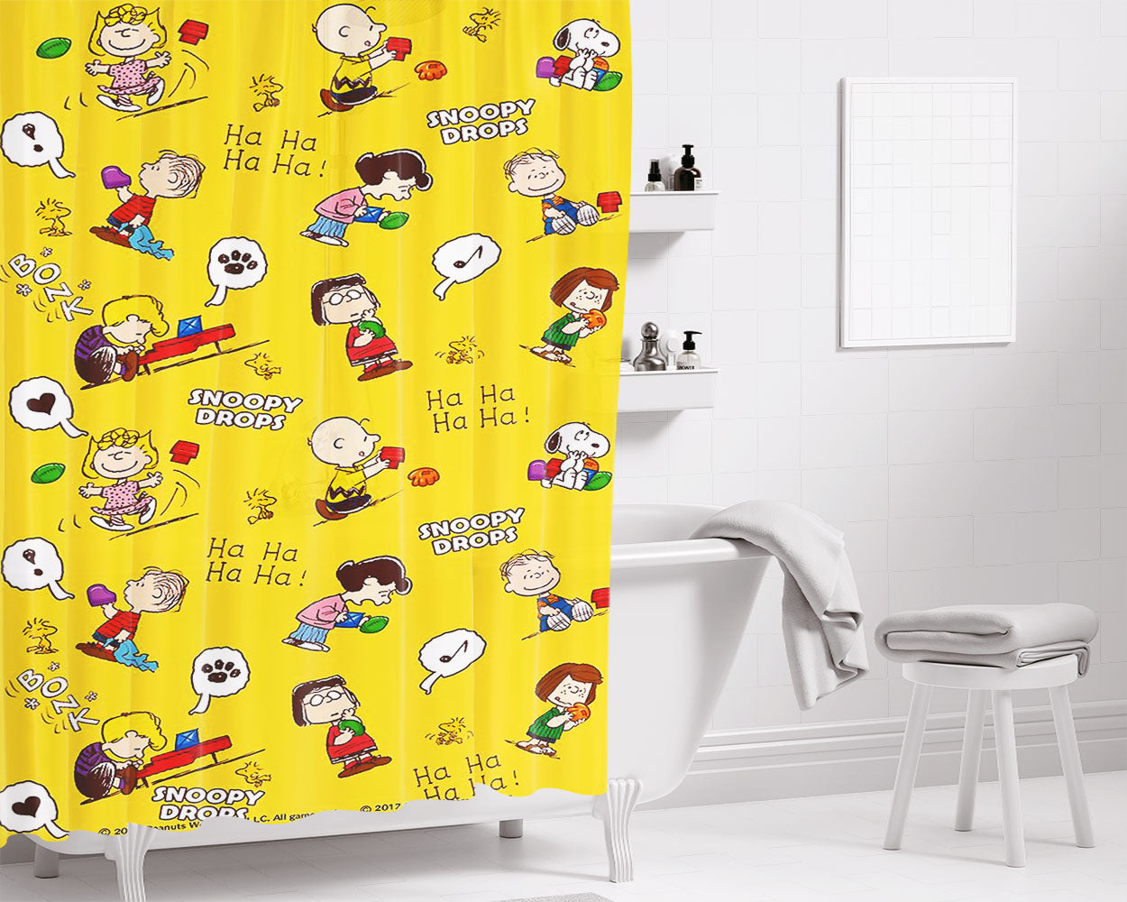 Peanuts Movie Worldwide Doodle Character Bathroom Shower Curtain Fabric Waterproof | 66 X 72 Inch