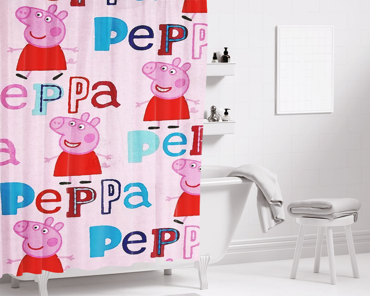 Peppa Pink Doodle Bathroom Shower Curtain Fabric Waterproof | 66 X 72 Inch