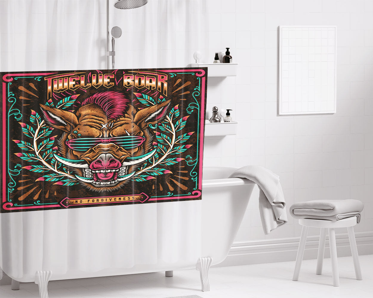 Pig Pork Punk Illustration Bathroom Shower Curtain Fabric Waterproof | 66 X 72 Inch