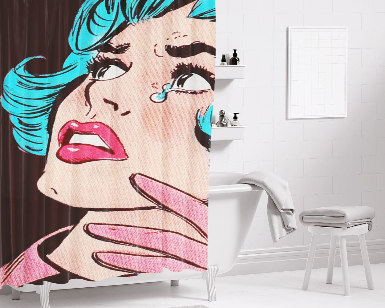 Pop Art Girl Crying Bathroom Shower Curtain Fabric Waterproof | 66 X 72 Inch