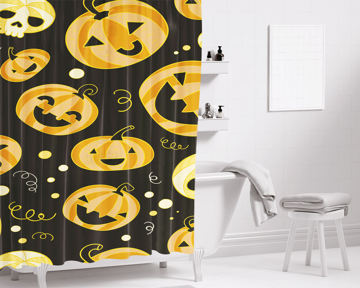 Pumpkins Pattern Halloween Bathroom Shower Curtain Fabric Waterproof | 66 X 72 Inch