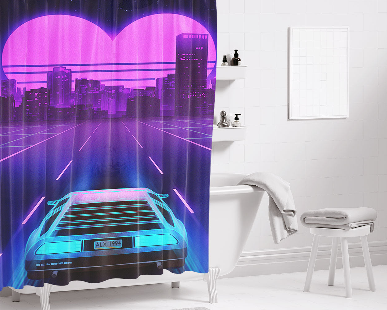 Retro Car Illustration Bathroom Shower Curtain Fabric Waterproof | 66 X 72 Inch