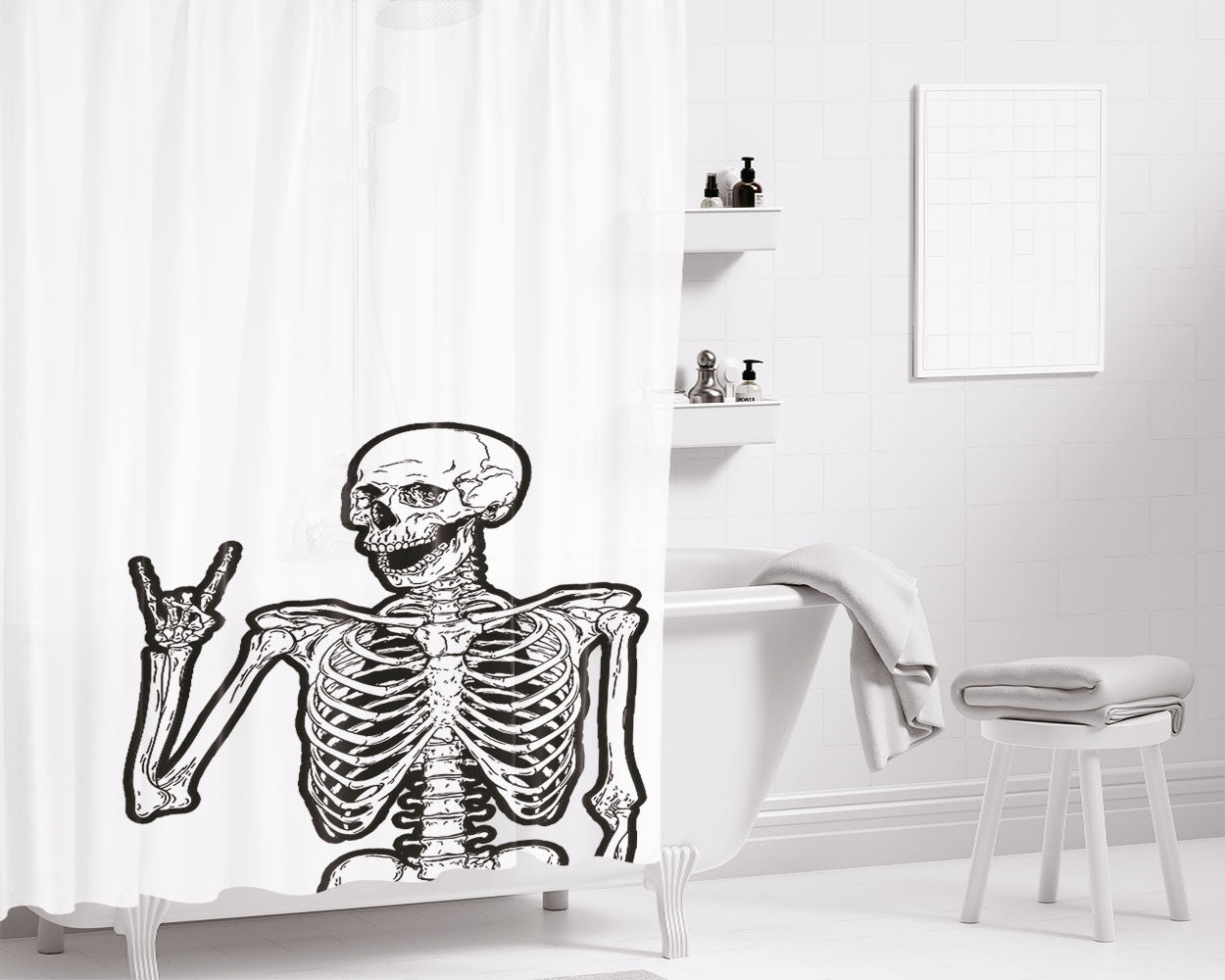 Rock Hand Sign Skeleton Bathroom Shower Curtain Fabric Waterproof | 66 X 72 Inch