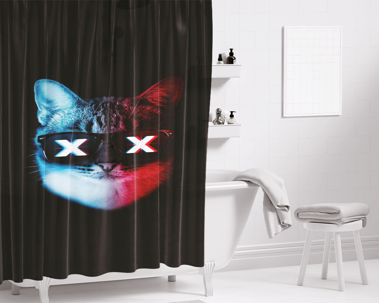 Shadow Lowkey Cool Cat Kitty Pet Bathroom Shower Curtain Fabric Waterproof | 66 X 72 Inch