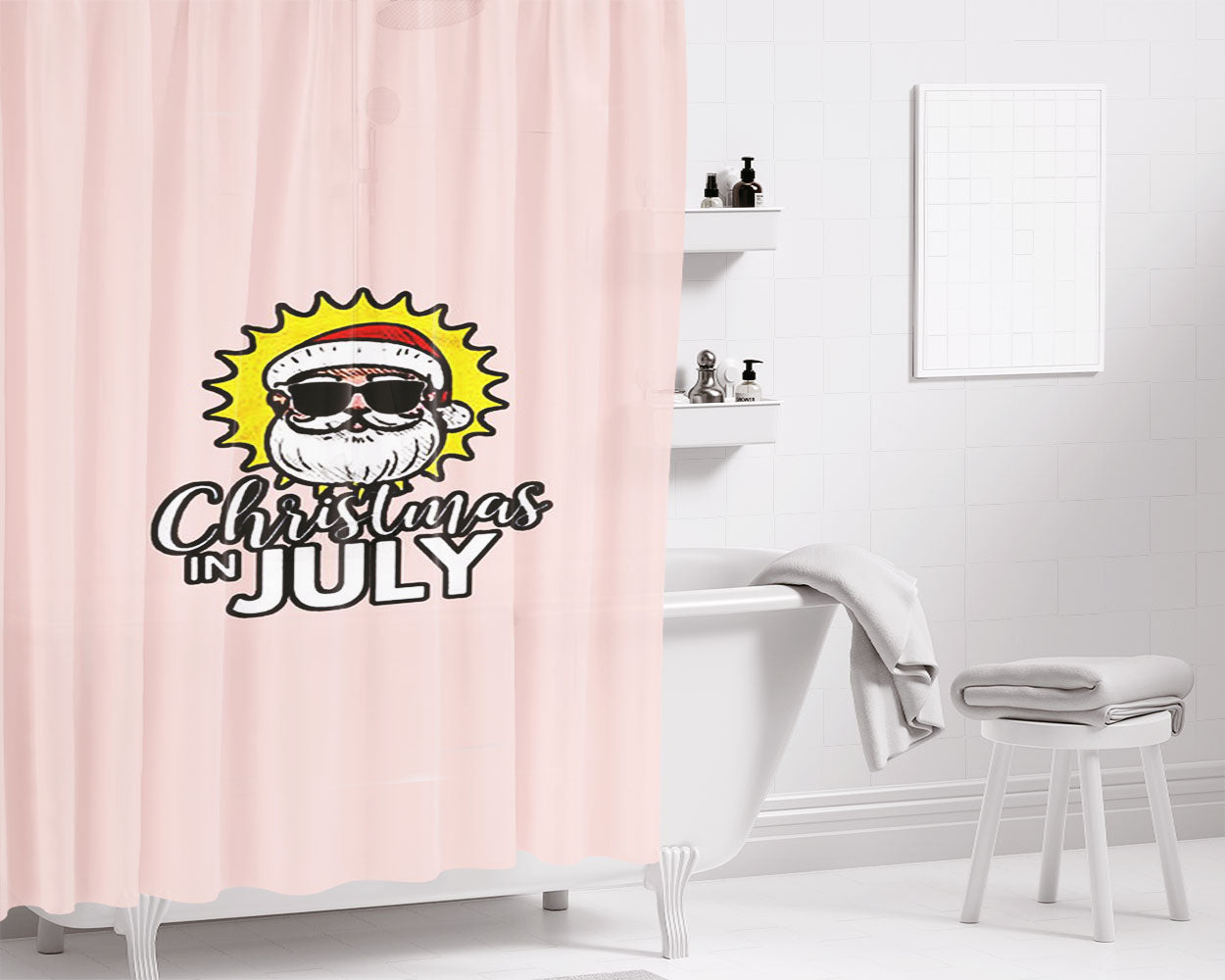Christmas In July Santa With Sunglasses Bathroom Shower Curtain Fabric Waterproof | 66 X 72 Inch