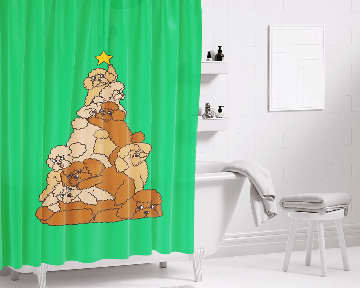 Christmas Tree Poodle Dog Green Bathroom Shower Curtain Fabric Waterproof | 66 X 72 Inch