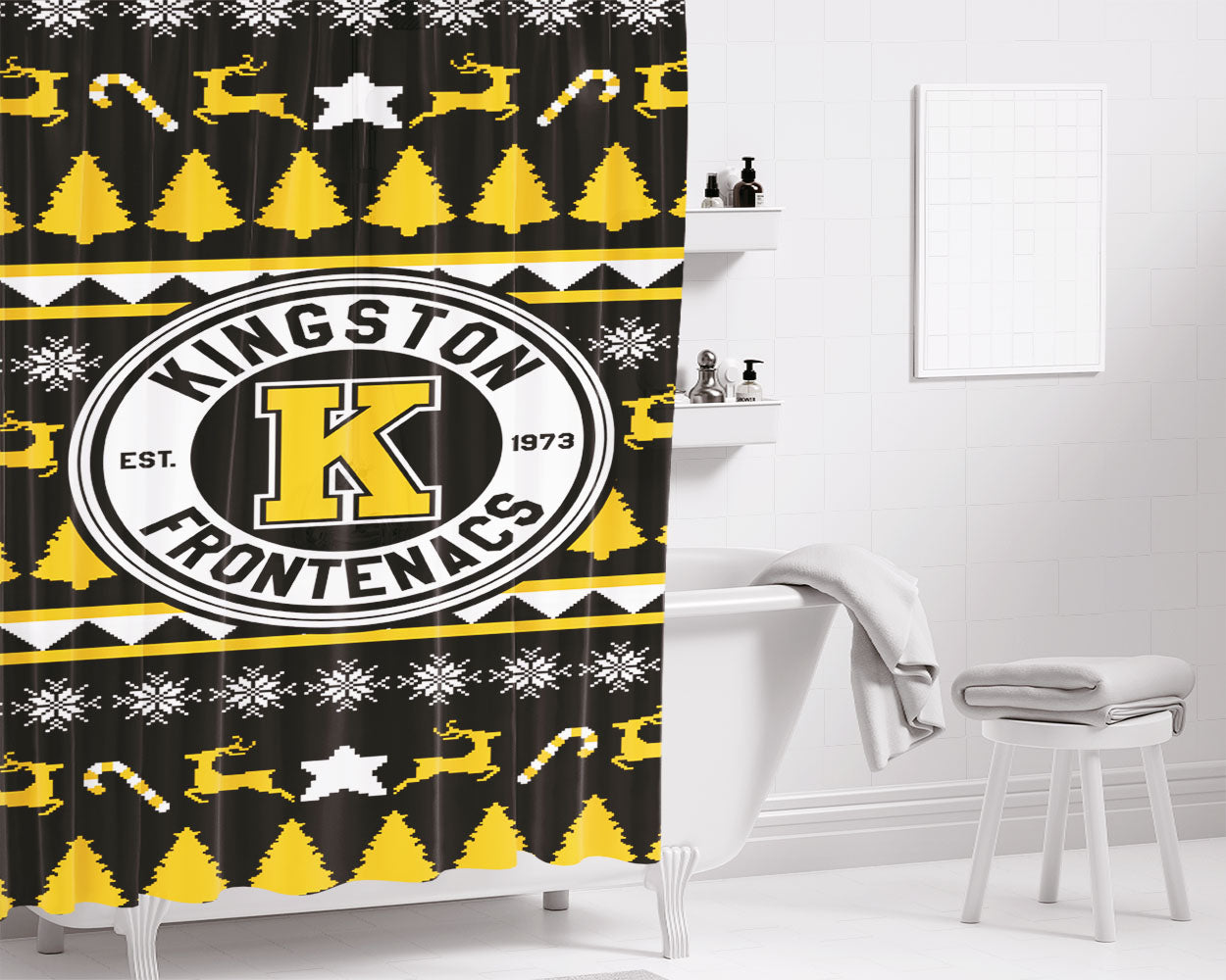 Kingston Frontenacs Christmas Sweater Bathroom Shower Curtain Fabric Waterproof | 66 X 72 Inch