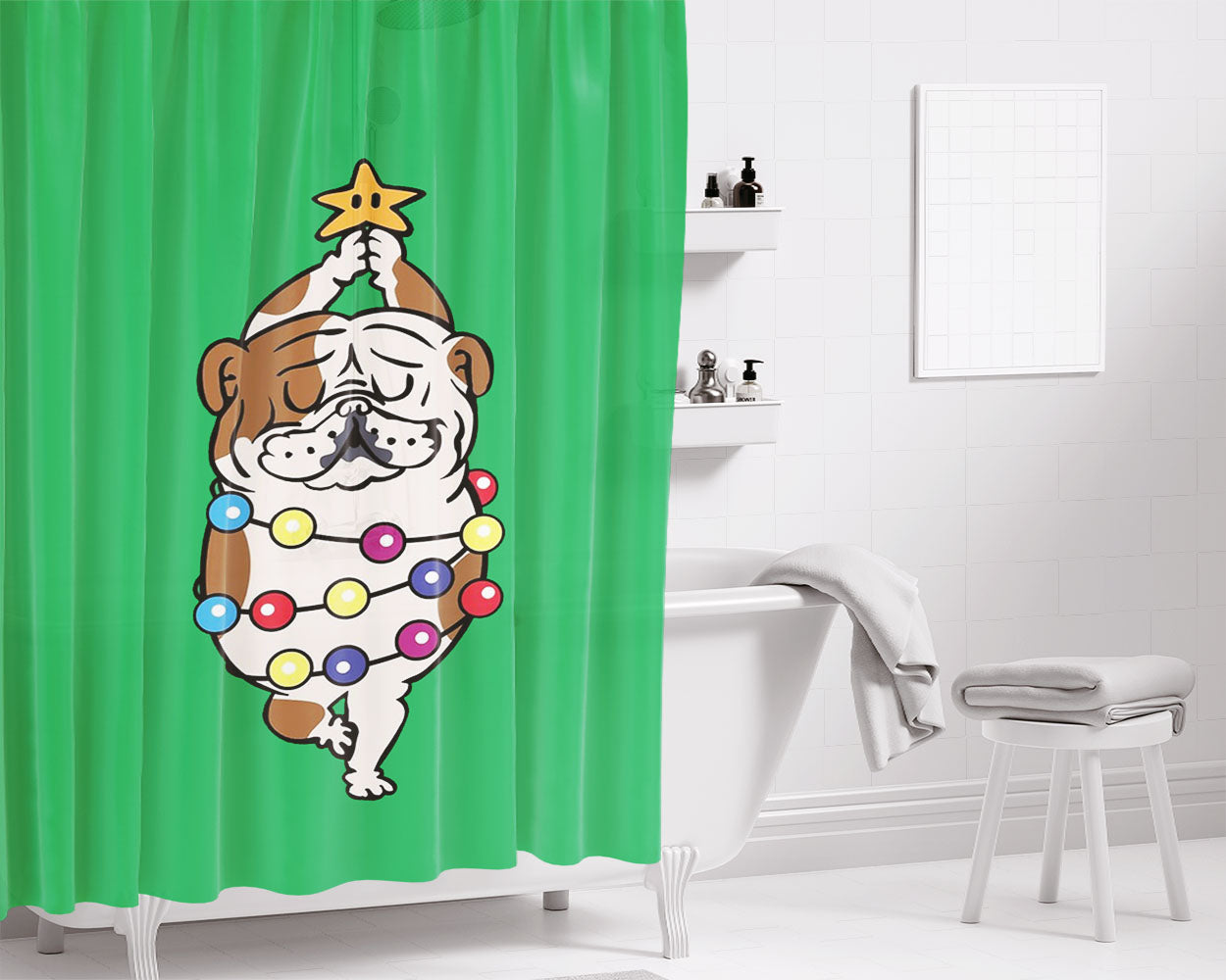 Merry Christmas English Bulldog Bathroom Shower Curtain Fabric Waterproof | 66 X 72 Inch