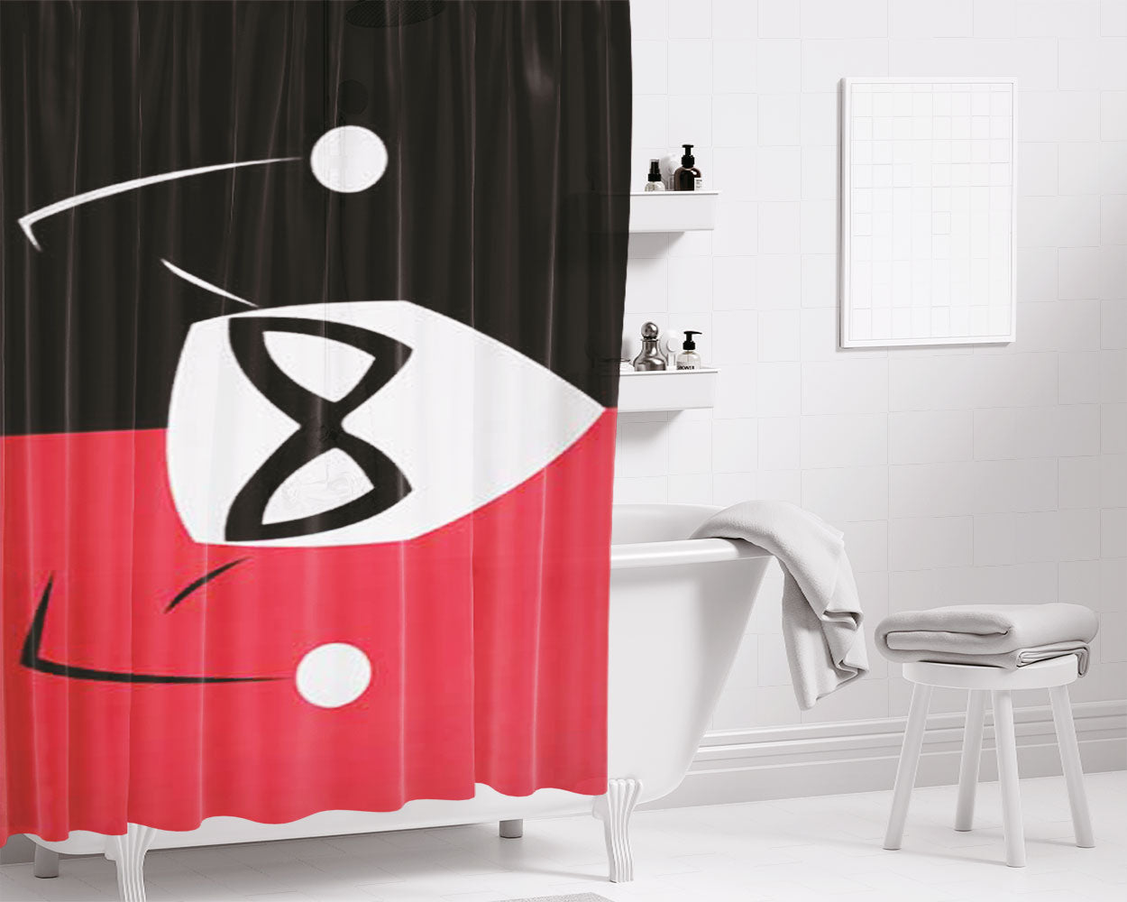 Harley Quinn Face Red Black Split Bathroom Shower Curtain Fabric Waterproof | 66 X 72 Inch
