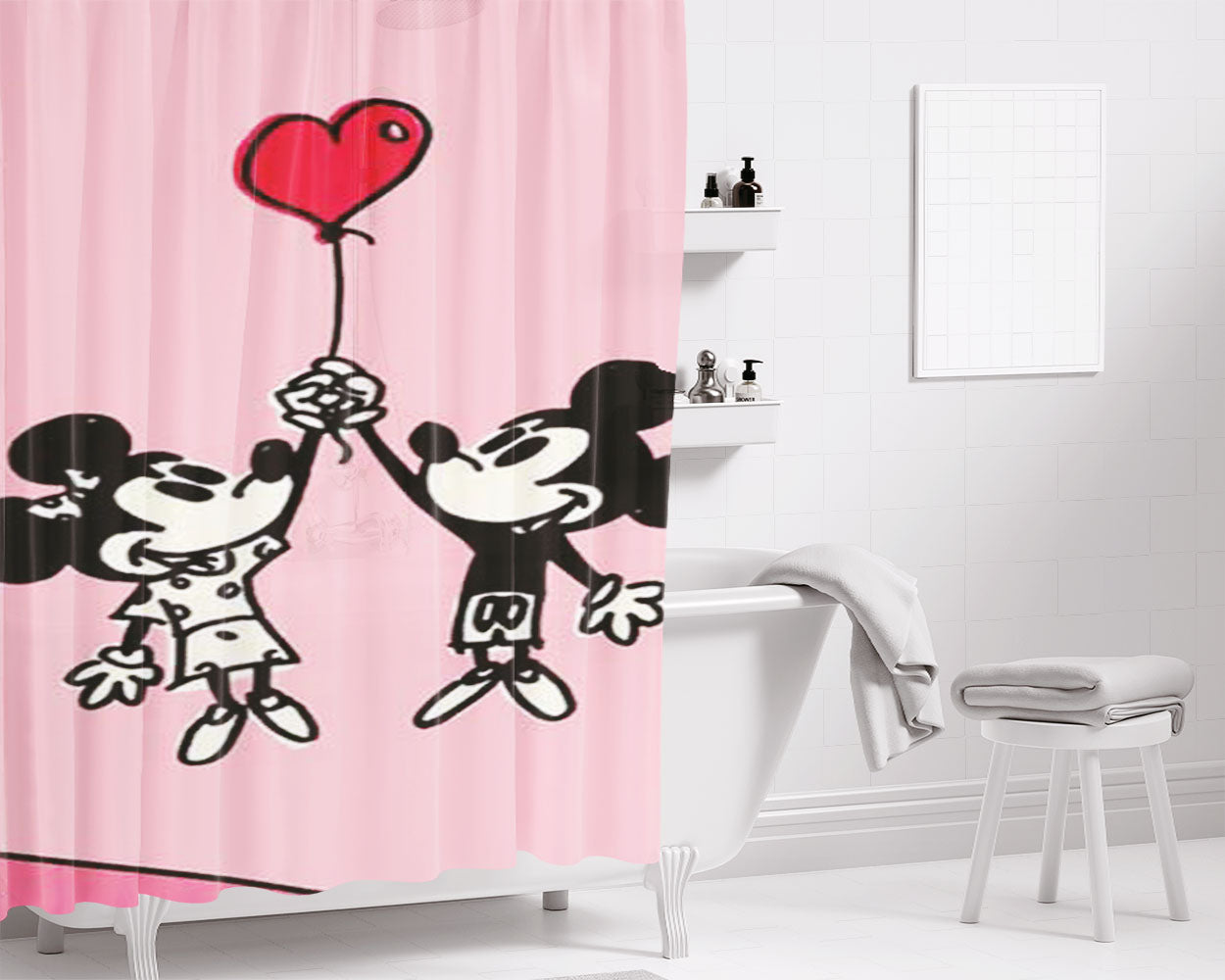 Mickey And Minnie Valentine Bathroom Shower Curtain Fabric Waterproof | 66 X 72 Inch