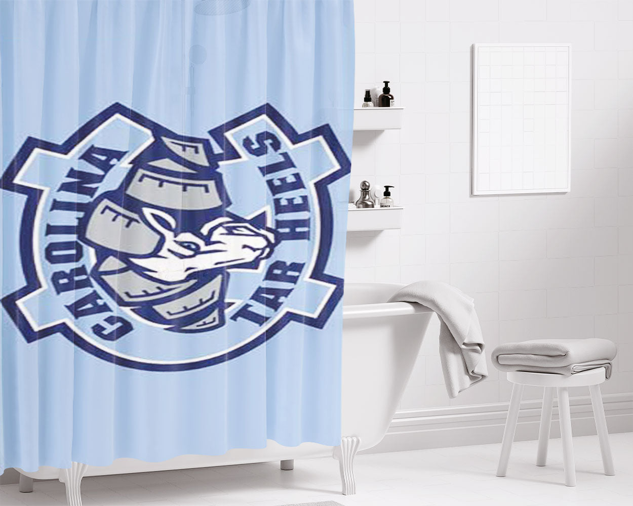 Nc Tarheels Logo On Blue Bathroom Shower Curtain Fabric Waterproof | 66 X 72 Inch