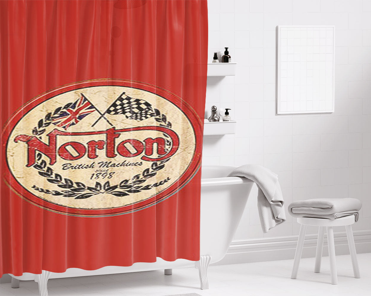 Norton Motorcycle Red Bathroom Shower Curtain Fabric Waterproof | 66 X 72 Inch