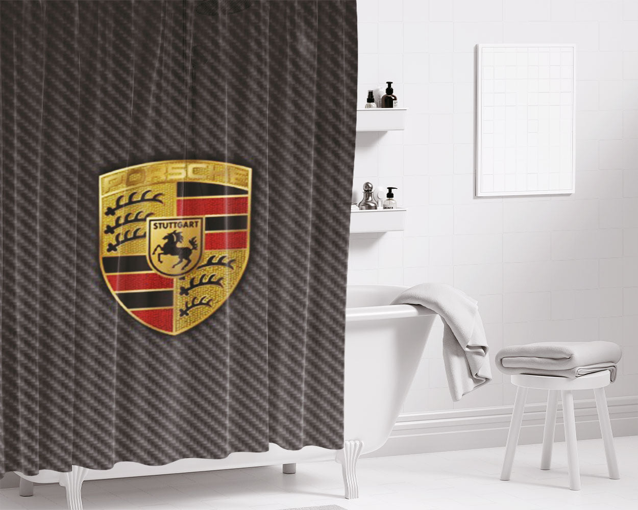 Porsche Logo Grey Bathroom Shower Curtain Fabric Waterproof | 66 X 72 Inch