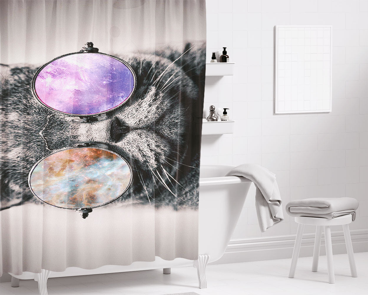 Shades Cool Kitty Cat Eye Galaxy Nebula Bathroom Shower Curtain Fabric Waterproof | 66 X 72 Inch