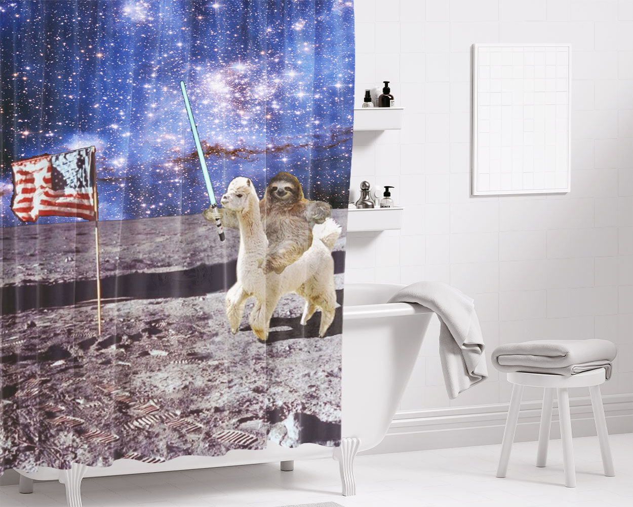 Sloth Llama Laser Nebula Galaxy Bathroom Shower Curtain Fabric Waterproof | 66 X 72 Inch