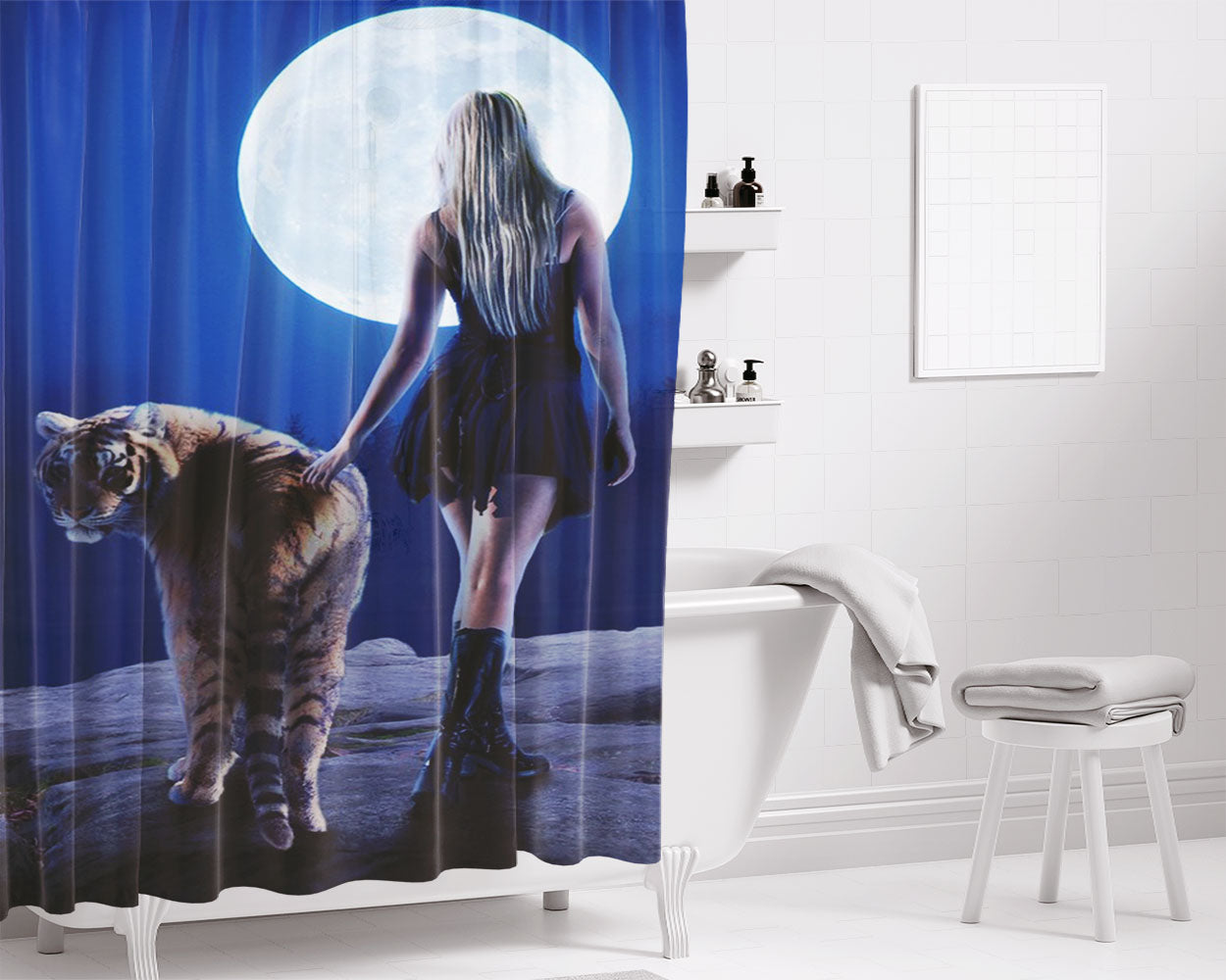 Tiger Moon Girl Dream Bathroom Shower Curtain Fabric Waterproof | 66 X 72 Inch