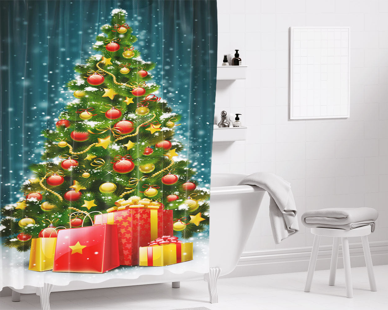 The Christmas Tree 3 Bathroom Shower Curtain Fabric Waterproof | 66 X 72 Inch