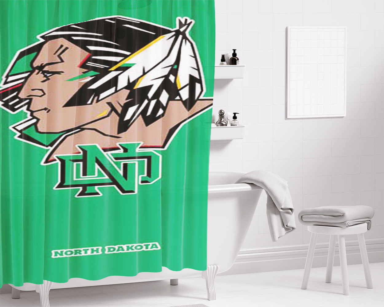 North Dakota Sioux Big Logo Green Bkg Bathroom Shower Curtain Fabric Waterproof | 66 X 72 Inch