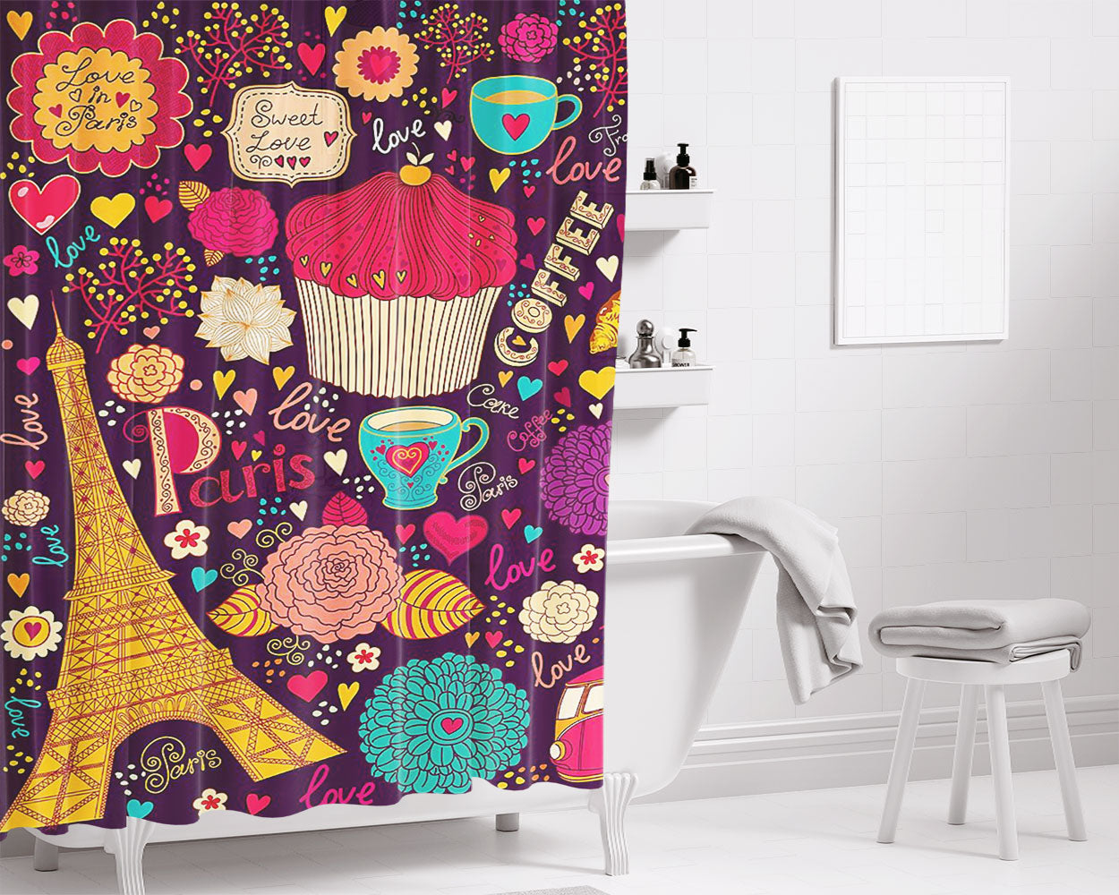Paris Love Bathroom Shower Curtain Fabric Waterproof | 66 X 72 Inch