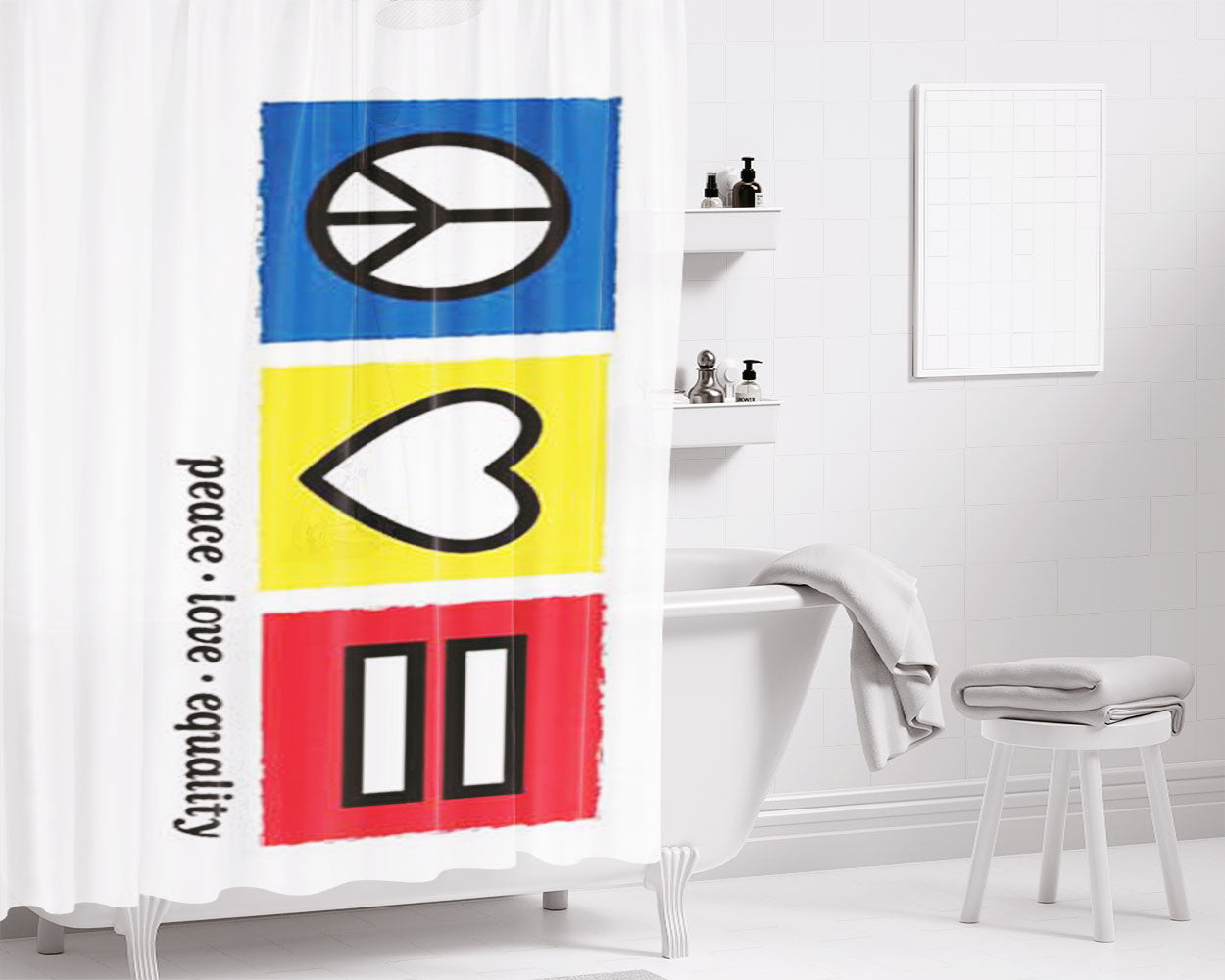 Peace Love Equality Symbols Bathroom Shower Curtain Fabric Waterproof | 66 X 72 Inch