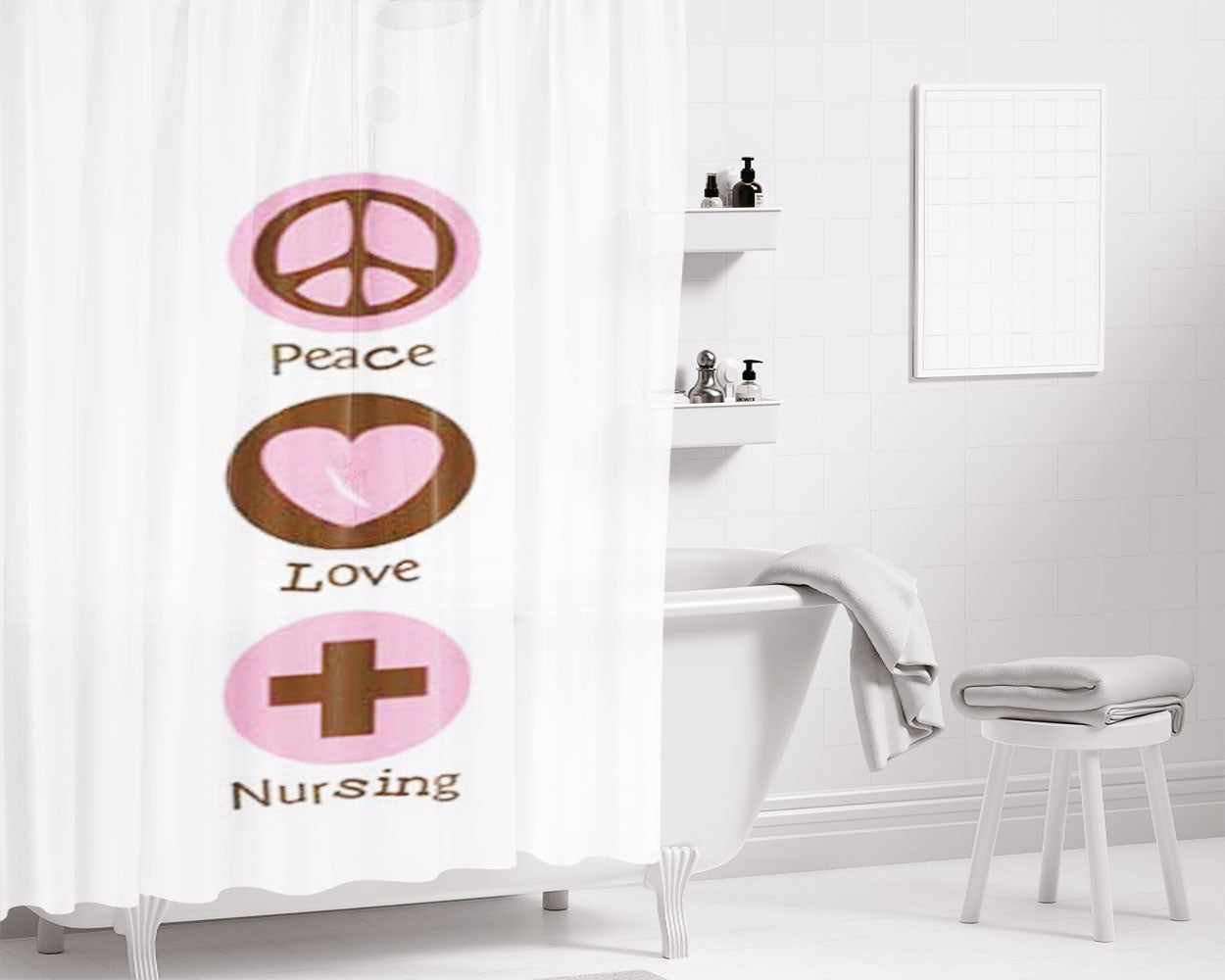 Peace Love Nursing Symbols Bathroom Shower Curtain Fabric Waterproof | 66 X 72 Inch