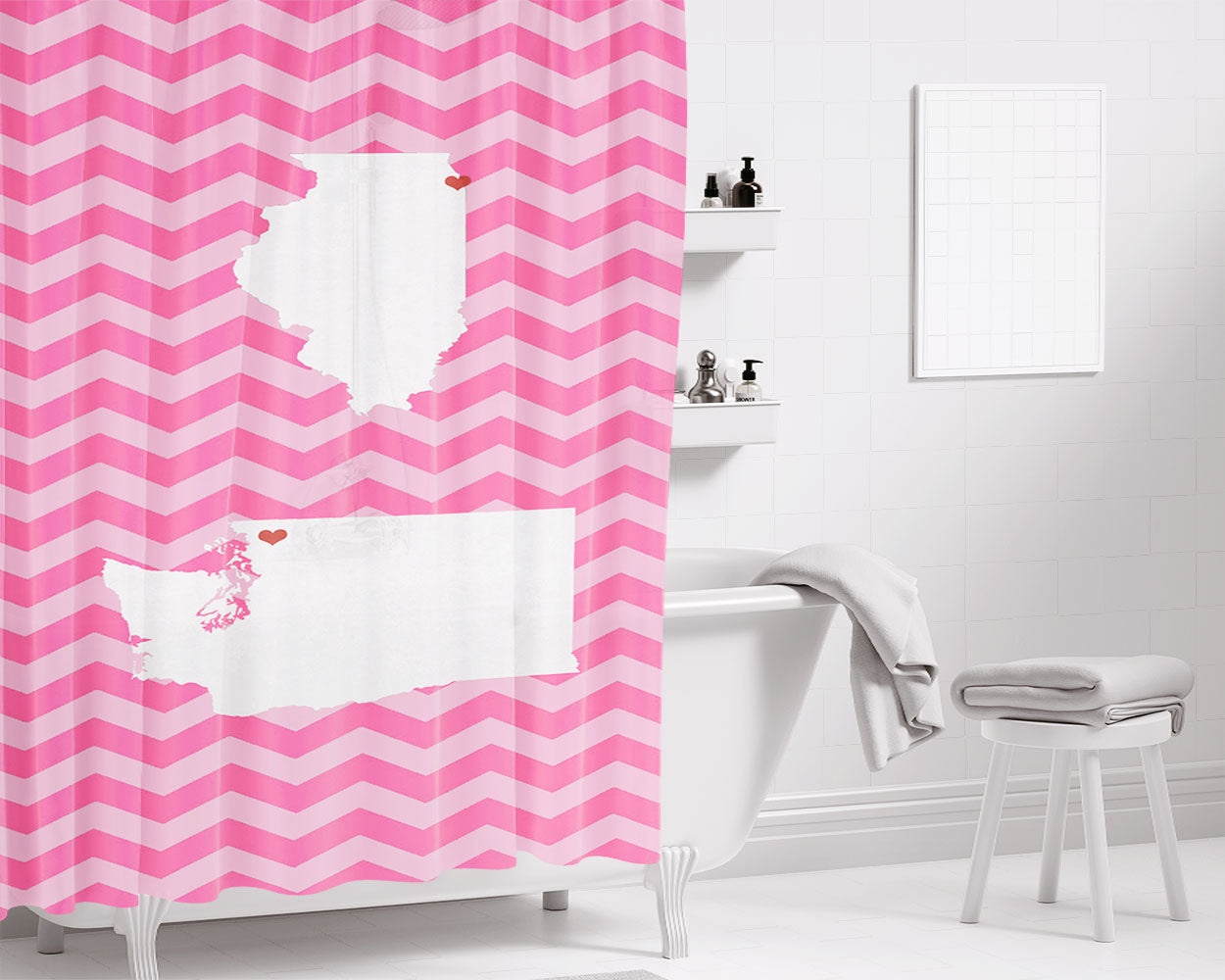 Pink Chevron Double State Love Bathroom Shower Curtain Fabric Waterproof | 66 X 72 Inch
