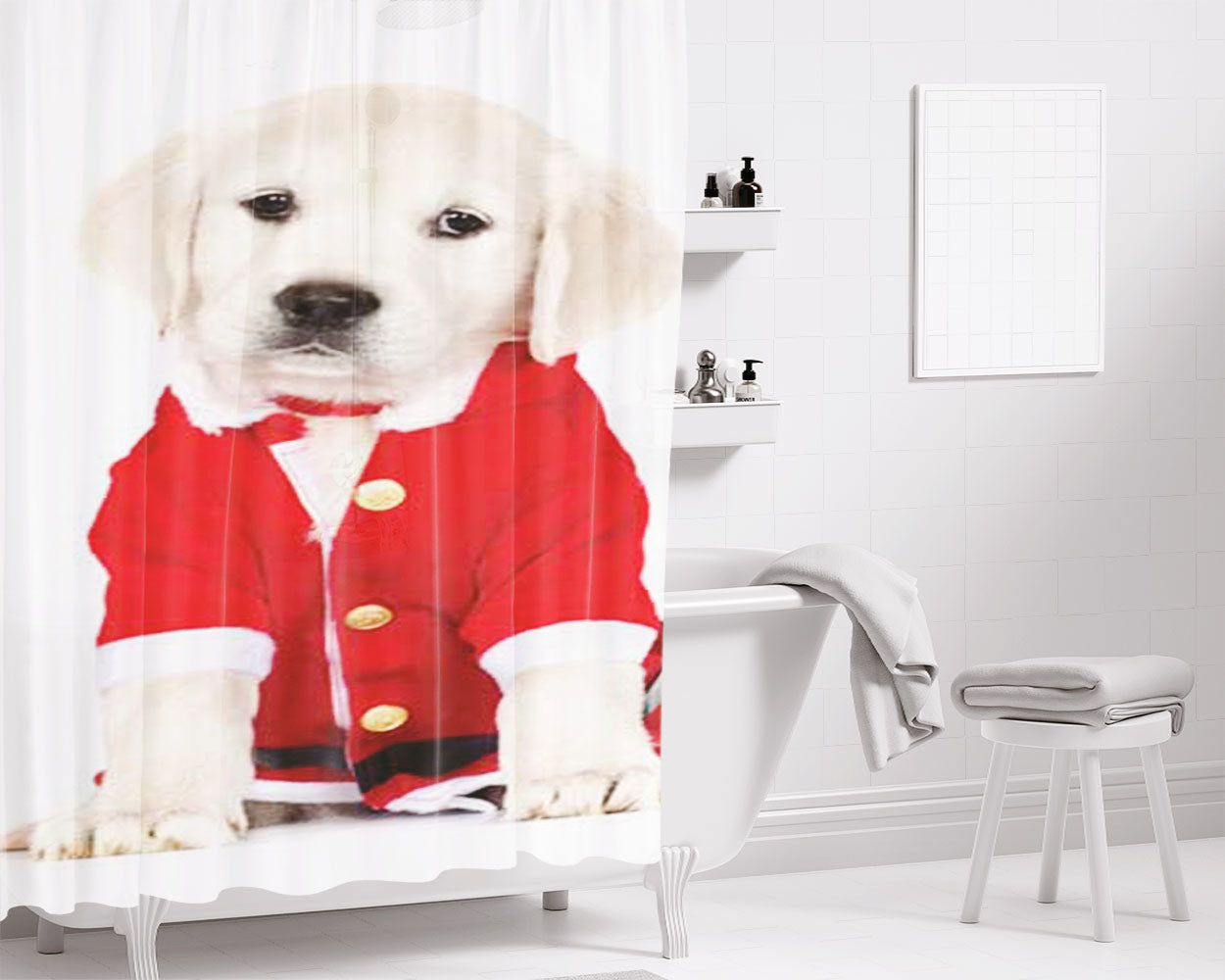 Puppy Santa Bathroom Shower Curtain Fabric Waterproof | 66 X 72 Inch