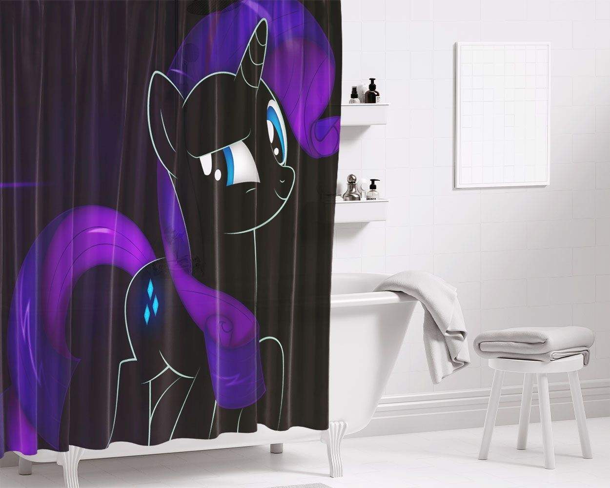 Rarity Little Pony Black Bathroom Shower Curtain Fabric Waterproof | 66 X 72 Inch