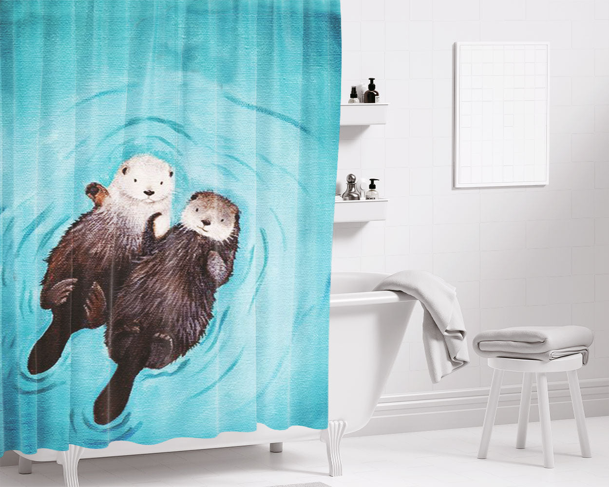 Romantic Swim Two Otterly Bathroom Shower Curtain Fabric Waterproof | 66 X 72 Inch