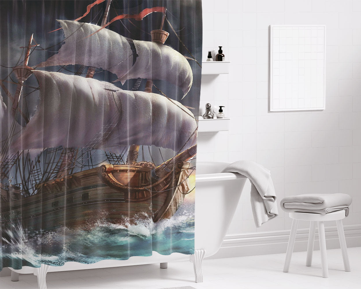 Sea Storm Ship- Bathroom Shower Curtain Fabric Waterproof | 66 X 72 Inch