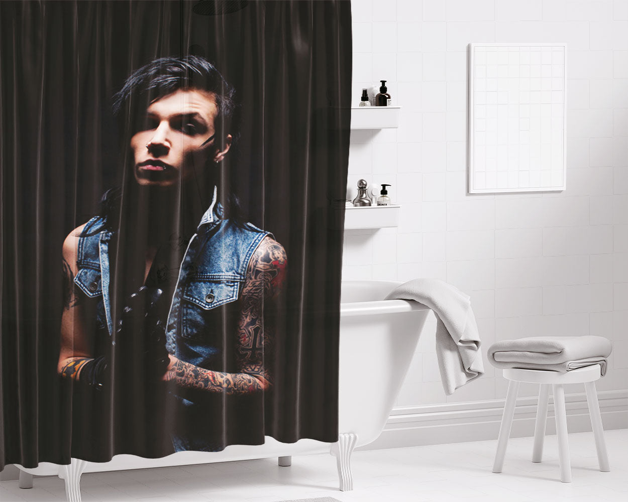 Andy Black Dark Bathroom Shower Curtain Fabric Waterproof | 66 X 72 Inch