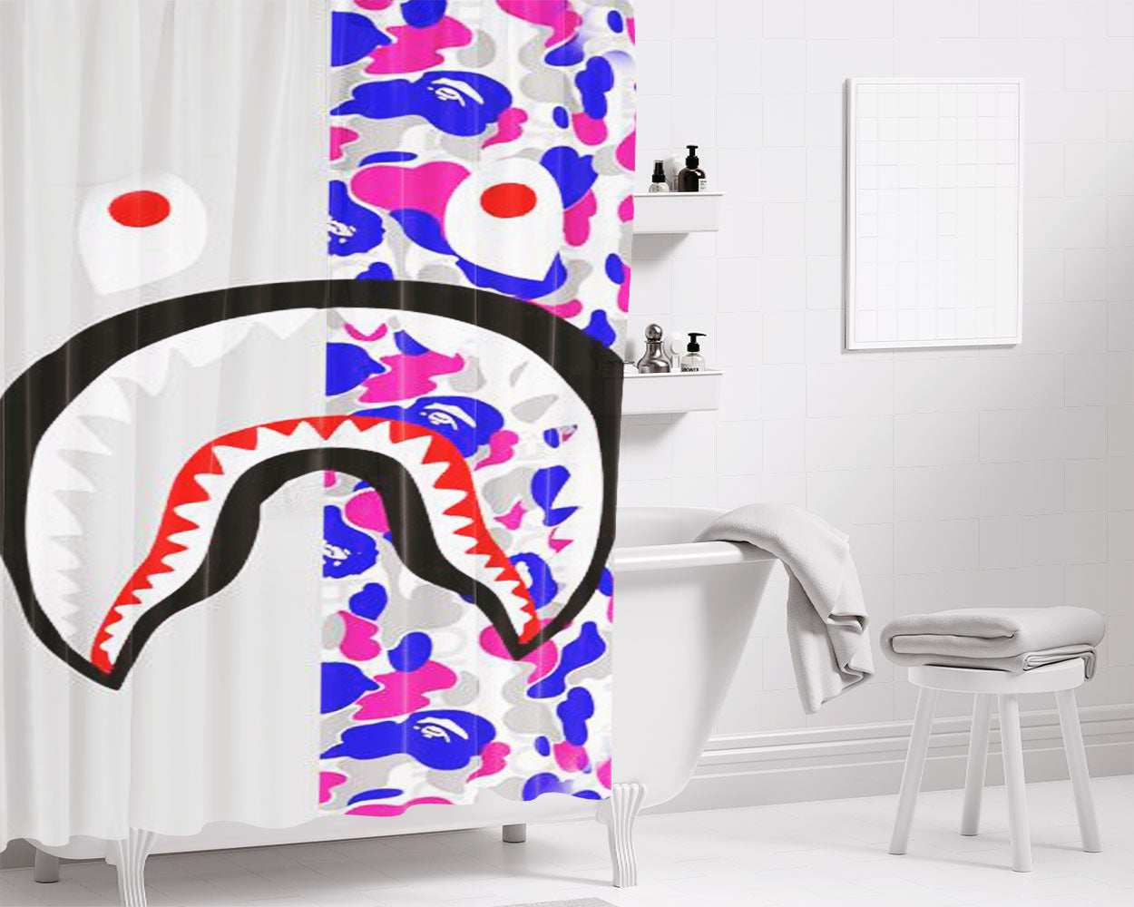 Bape Grey Shark Bathroom Shower Curtain Fabric Waterproof | 66 X 72 Inch
