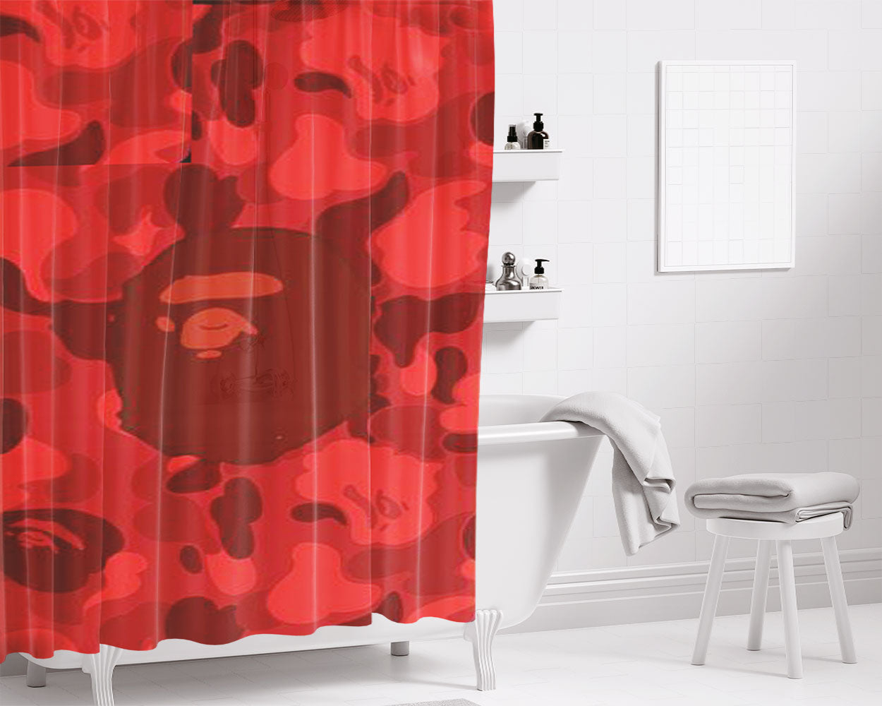 Bape Logo Red Matte Bathroom Shower Curtain Fabric Waterproof | 66 X 72 Inch