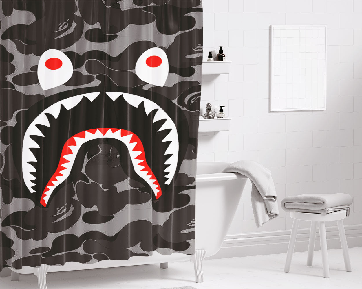 Bape Shark Black Army Pattern Bathroom Shower Curtain Fabric Waterproof | 66 X 72 Inch