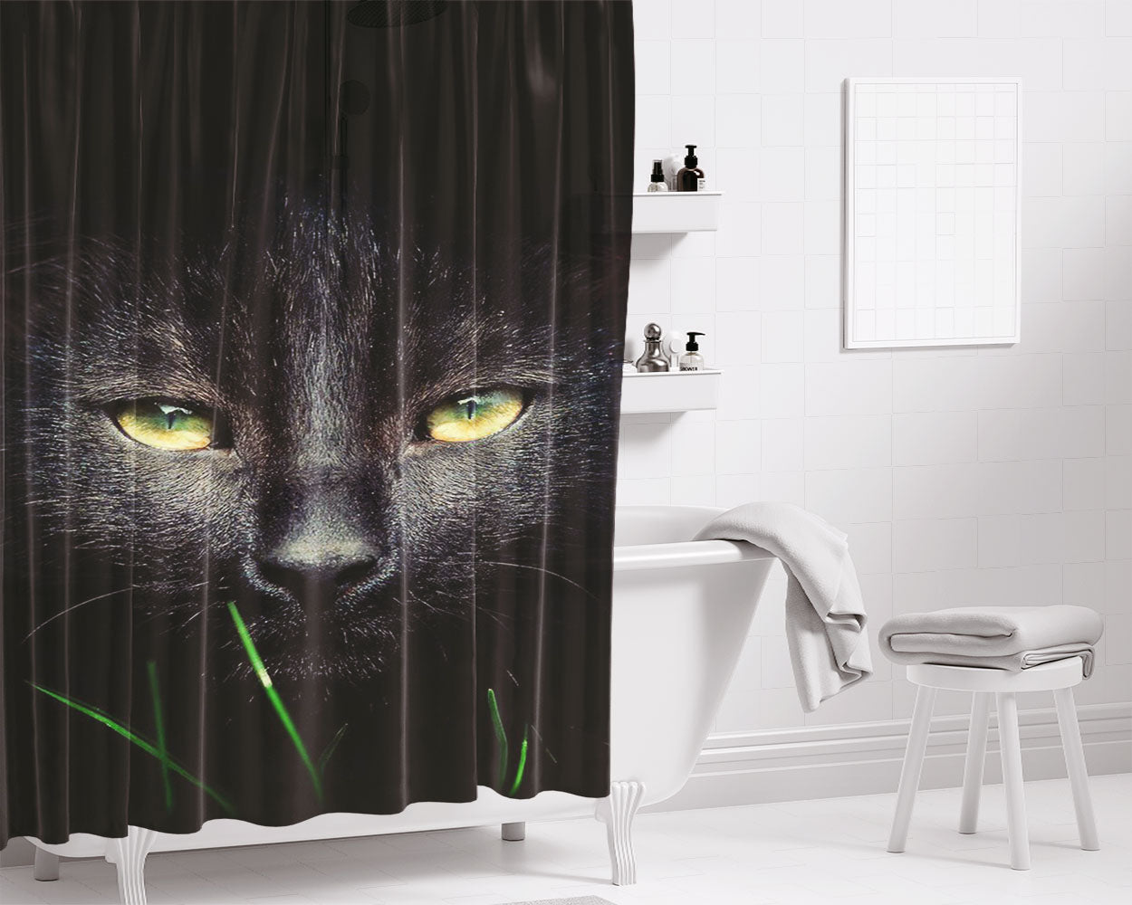 Black Cat Face Bathroom Shower Curtain Fabric Waterproof | 66 X 72 Inch
