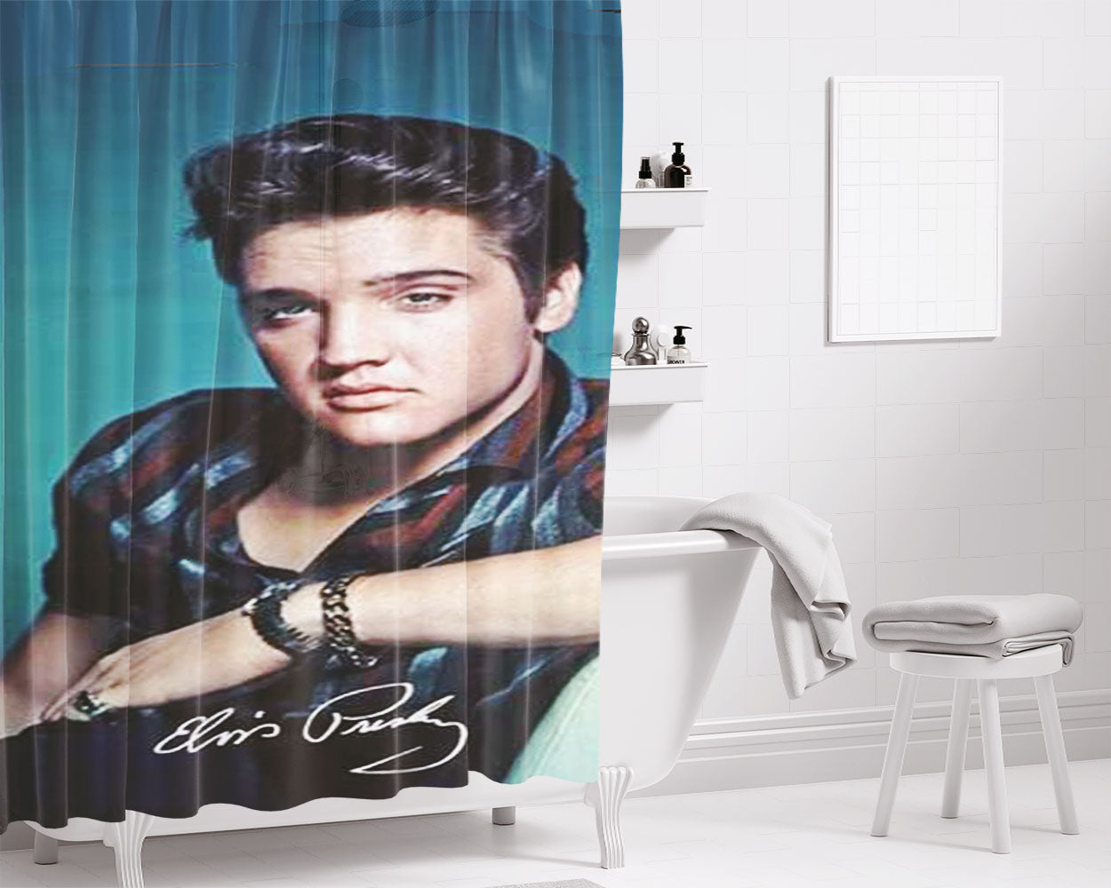 Elvis Blue Bkg Wht Autograph Bathroom Shower Curtain Fabric Waterproof | 66 X 72 Inch