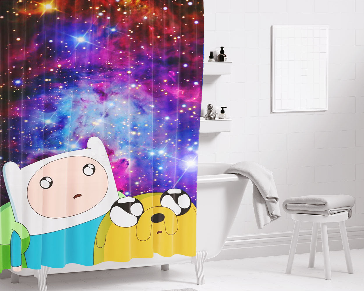 Galaxy Nebula Finn And Jake 2 Bathroom Shower Curtain Fabric Waterproof | 66 X 72 Inch