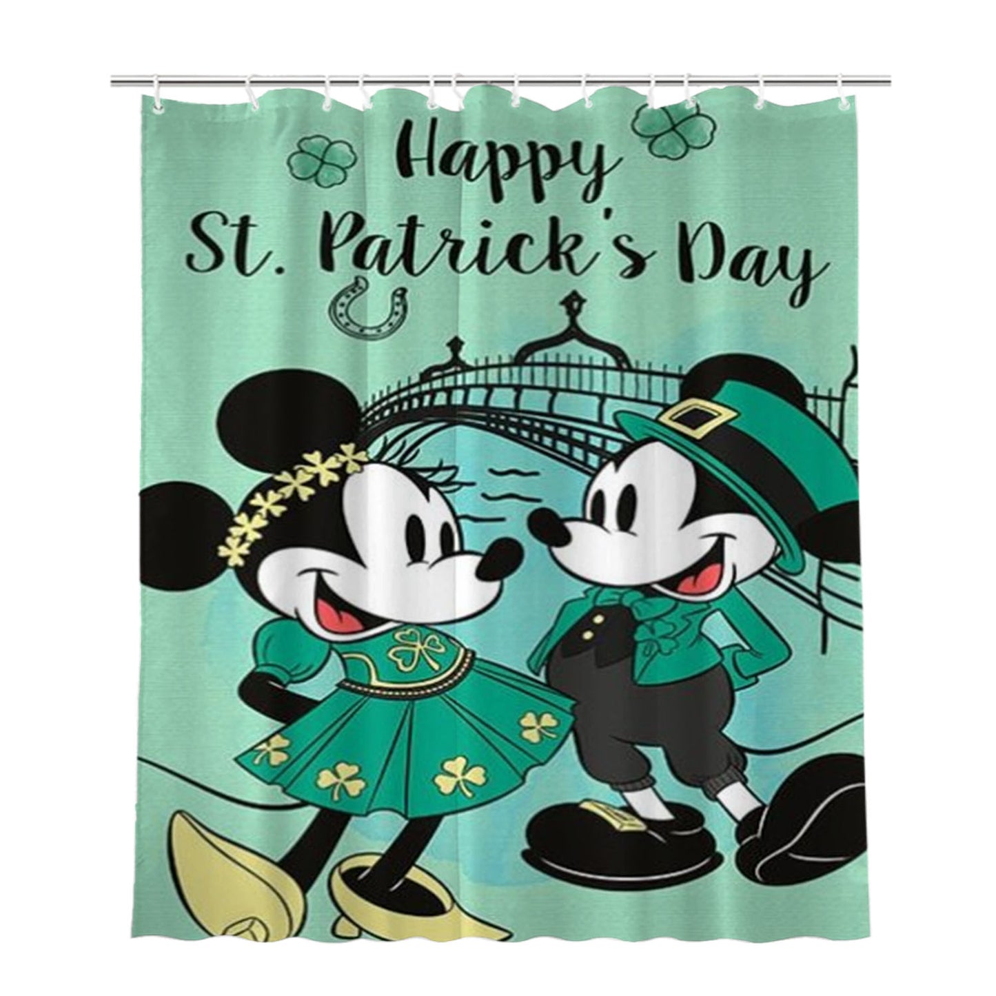 Happy St. Patrick’S Day Mickey & Minnie Bathroom Shower Curtain Fabric Waterproof | 66 X 72 Inch