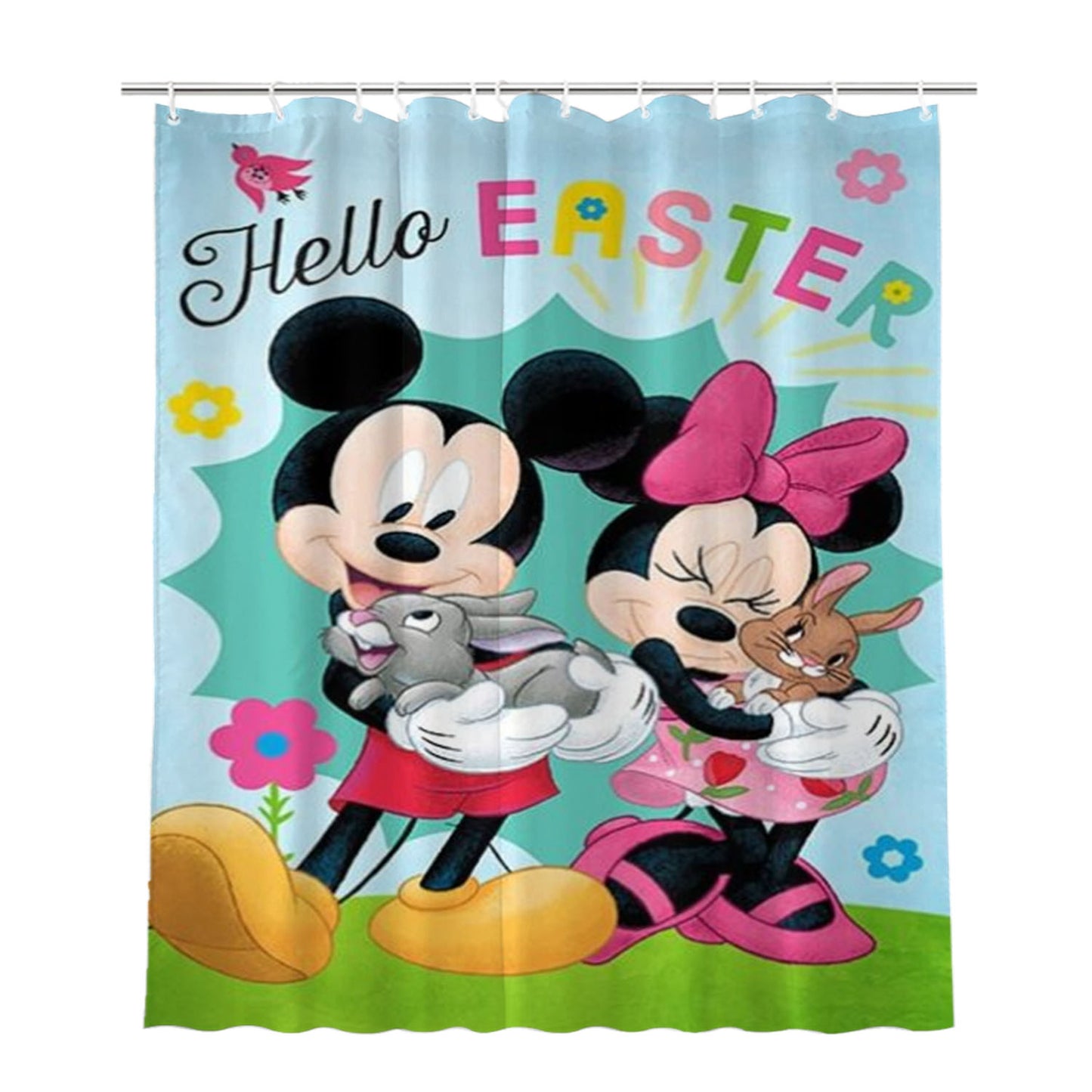 Hello Easter Mickey And Minnie Bathroom Shower Curtain Fabric Waterproof | 66 X 72 Inch