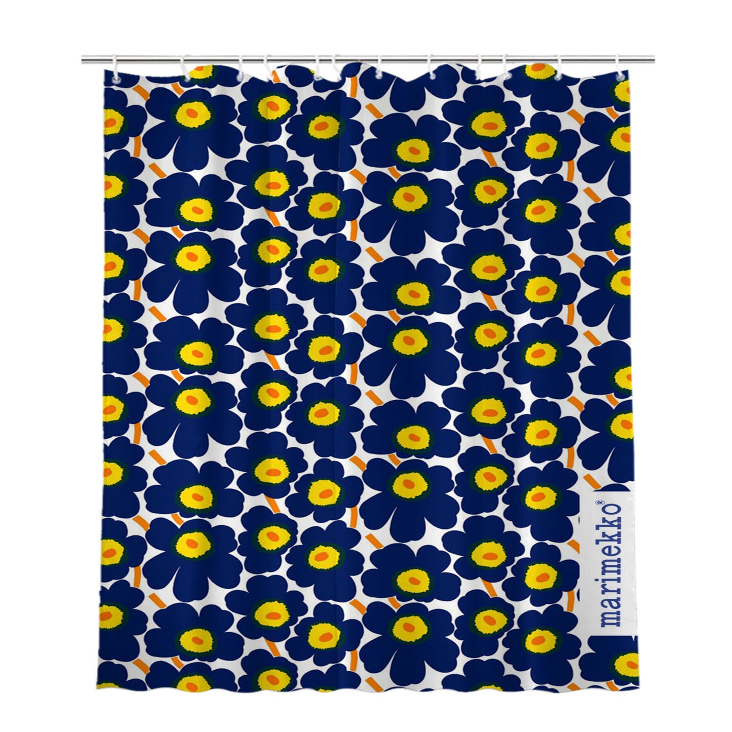 Marimekko Pieni Unikko Blue Flower Pattern Bathroom Shower Curtain Fabric Waterproof | 66 X 72 Inch