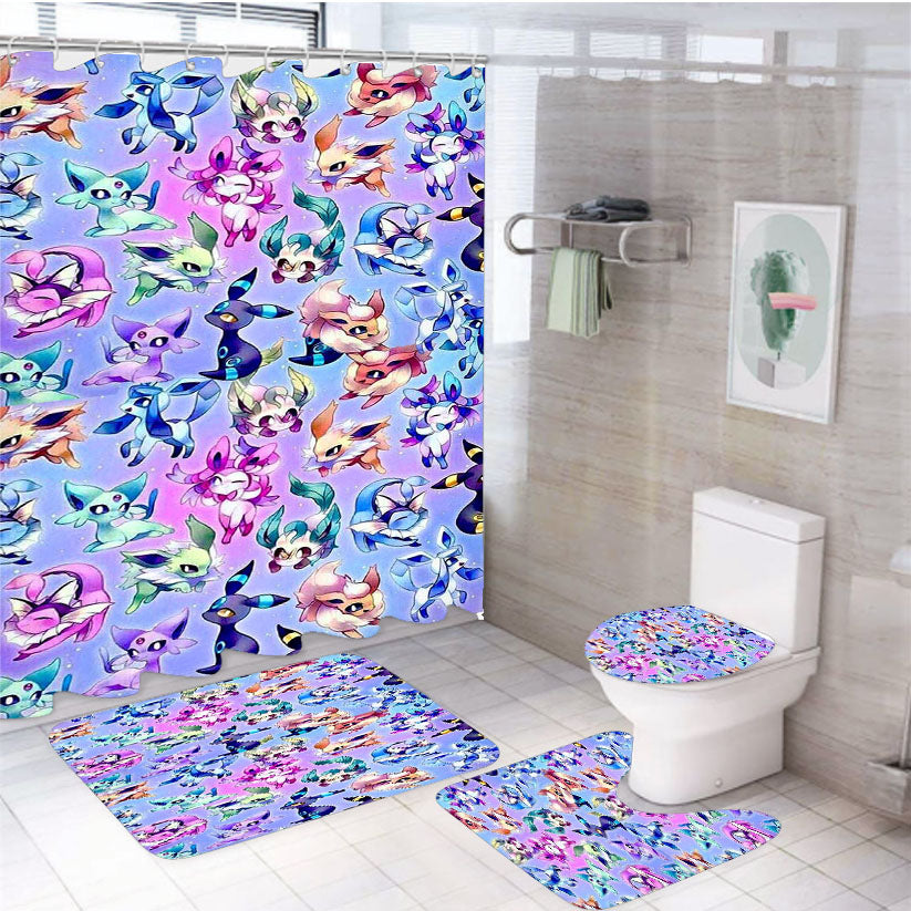 All Eevee Evolution Type 4Pcs Bathroom Non-Slip Rugs Shower Curtain Fabric Waterproof