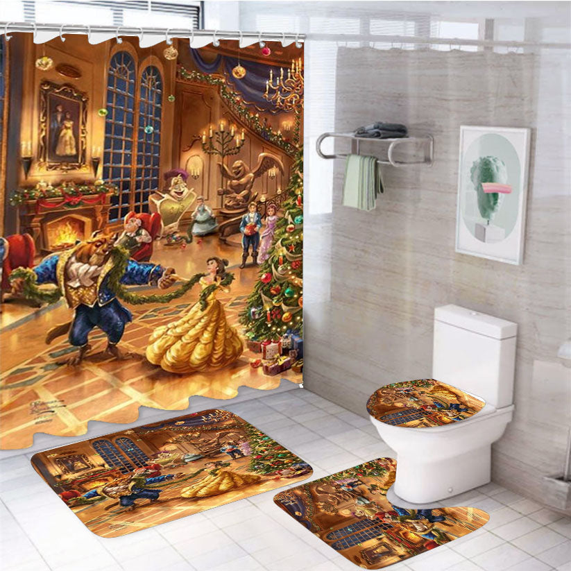 Beauty And The Beast Christmas Celebration 4Pcs Bathroom Set Shower Curtain