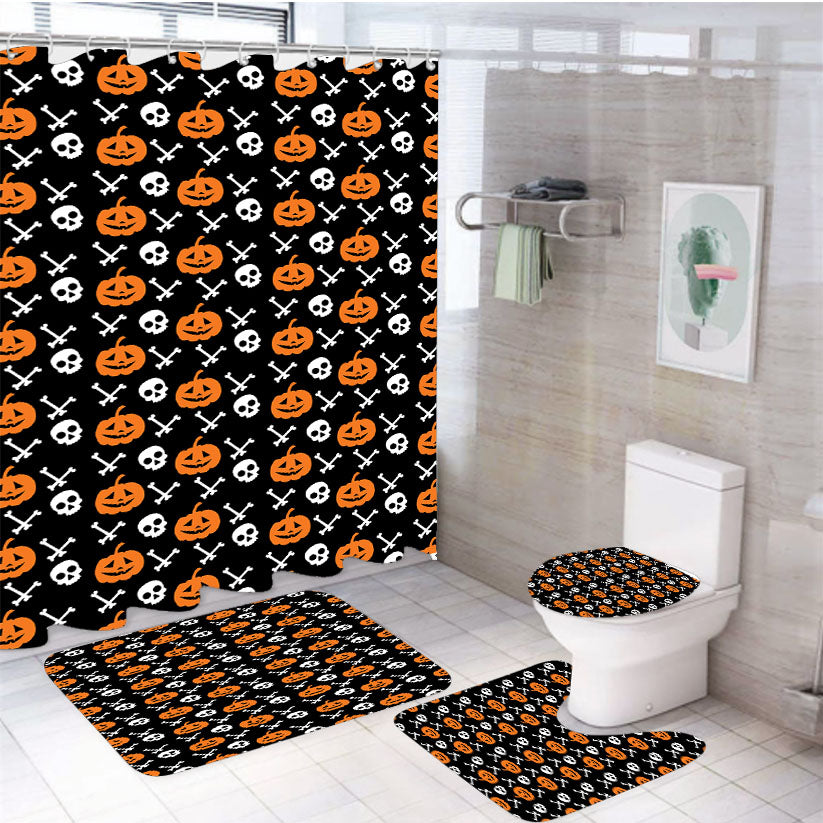 Black Pattern Pumpkins Bone And Head Skeleton Halloween 4Pcs Bathroom Set Shower Curtain