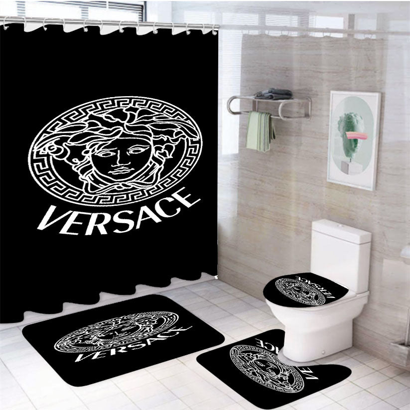 Black White Versace 4Pcs Bathroom Set Shower Curtain