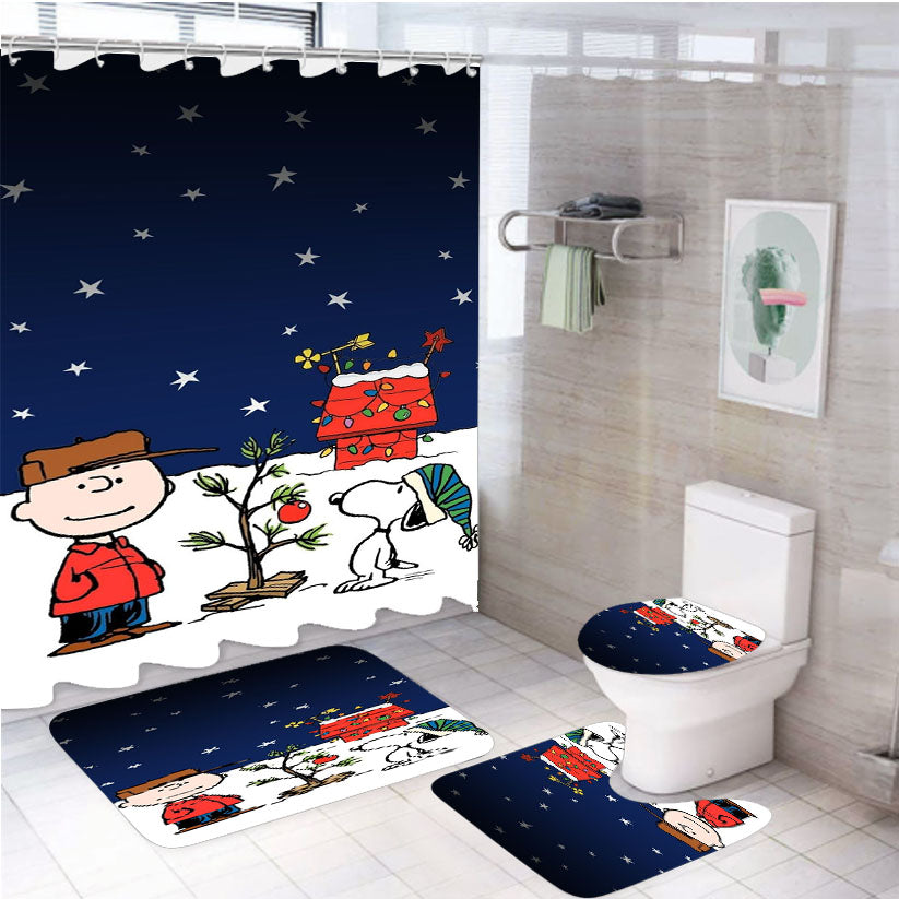 Charlie Brown And Snoopy Playing Snow 4Pcs Bathroom Set Shower Curtain