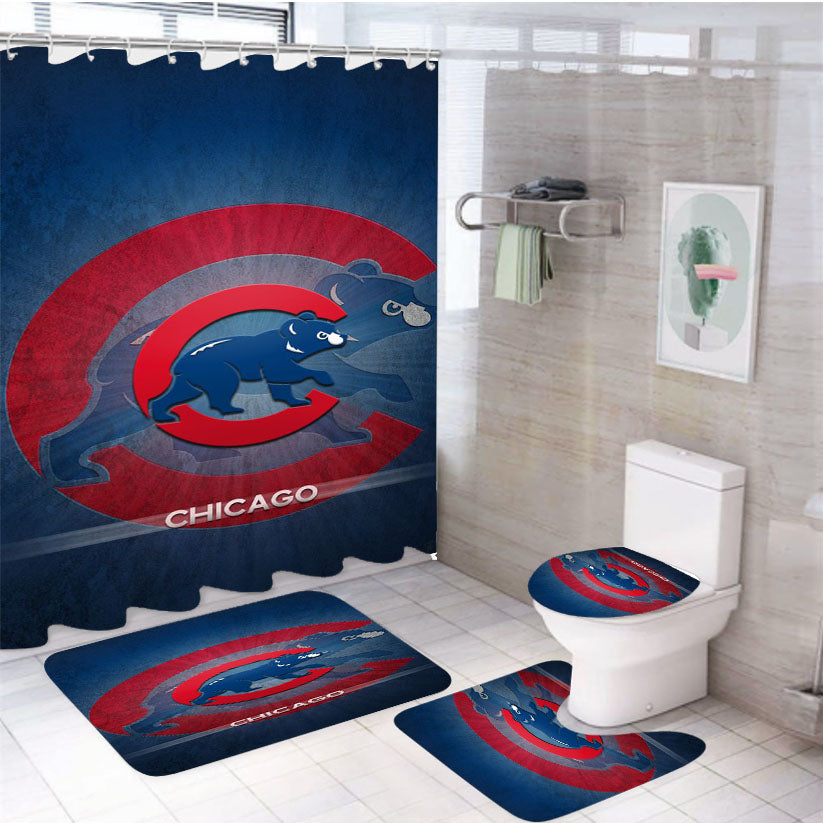 Chicago Cubs Crack Pattern 4Pcs Bathroom Non-Slip Rugs Shower Curtain Fabric Waterproof