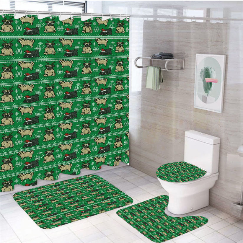 Christmas Pug Green Winter Pattern 4Pcs Bathroom Set Shower Curtain