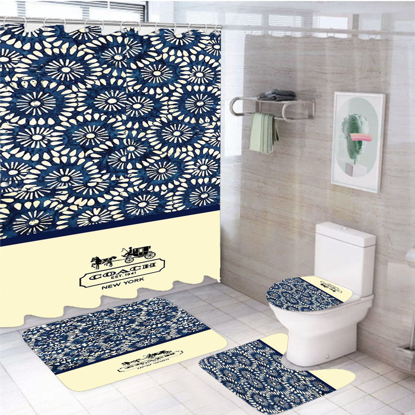 Coach New York Blue Floral Batik 4Pcs Bathroom Set Shower Curtain