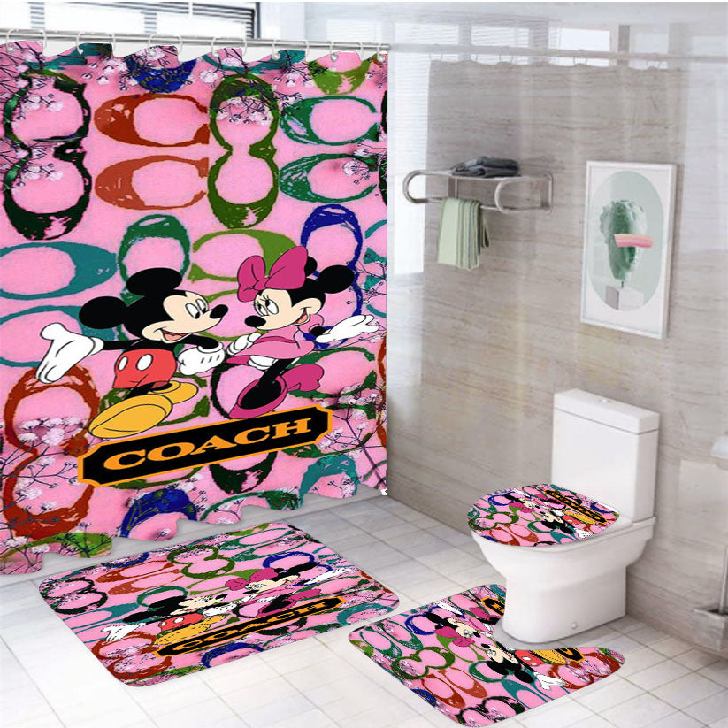 Coach Pink Flower Mickey Minnie 4Pcs Bathroom Set Shower Curtain