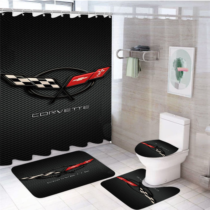 Corvette Logo 4Pcs Bathroom Non-Slip Rugs Shower Curtain Fabric Waterproof